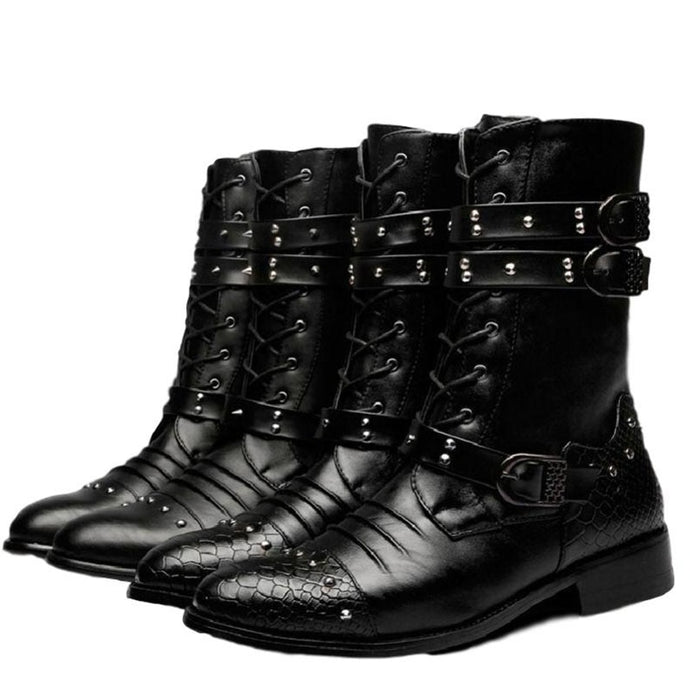 Idopy New Autumn Gothic Men Pointed Toe Stage Performance Faux Leather Boots